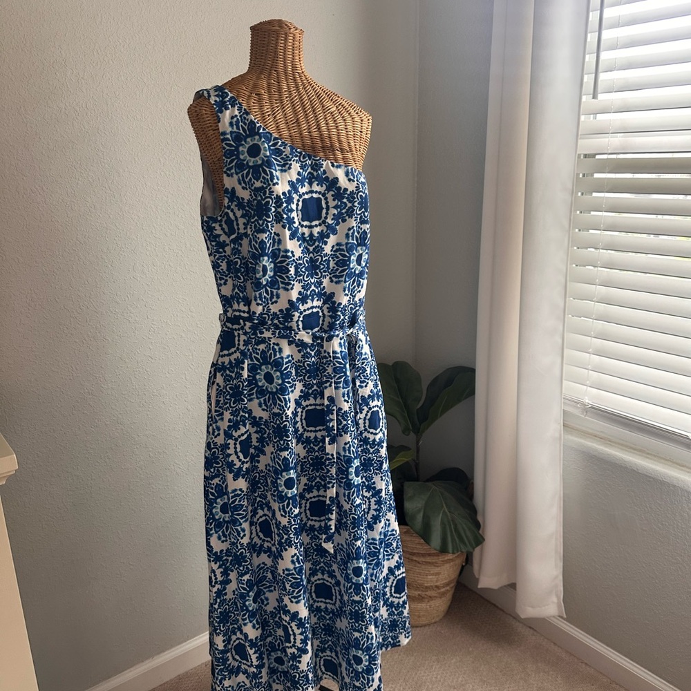 Talbots Asymmetrical Tie Front Blue and White Dress